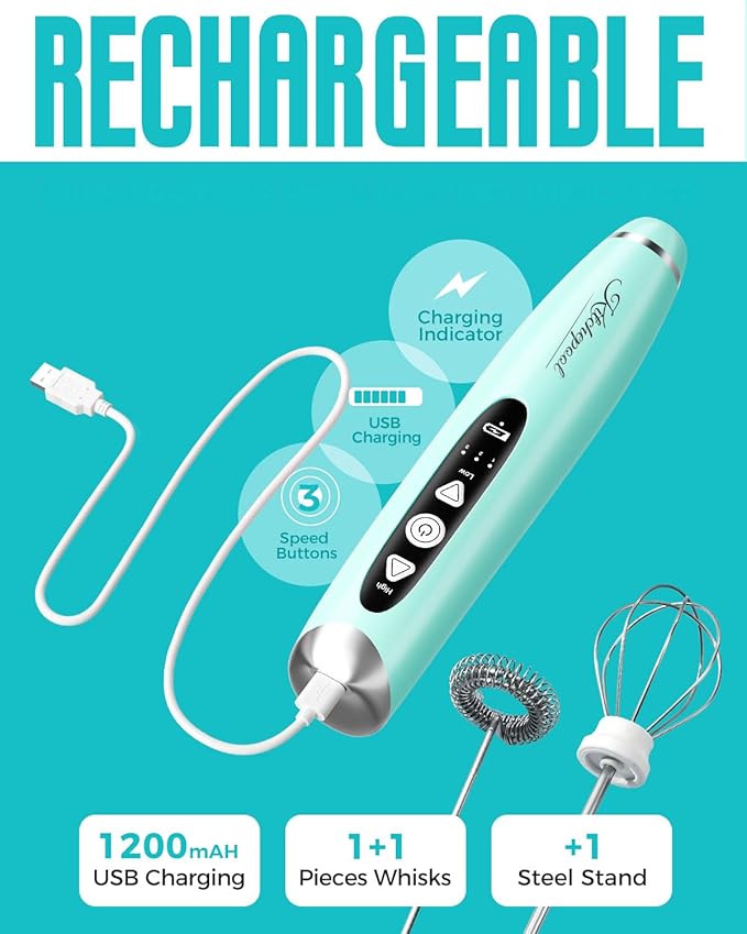 Kitchepool Rechargeable Milk Frother Wand with Stand for Coffee, Electric Whisk with 3 Speed Adjustable, Drink Mixer Handheld for Lattes, Cappuccino, Hot Chocolate, Egg, Light Green