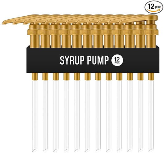 12-Pack Gold Plastic Bottle Syrup Pumps – Fits 750ml / 25.4 oz Bottles – Compatible with Torani & More – IMPORTANT: Will Not Fit Glass Bottles – Coffee Syrup Dispenser.