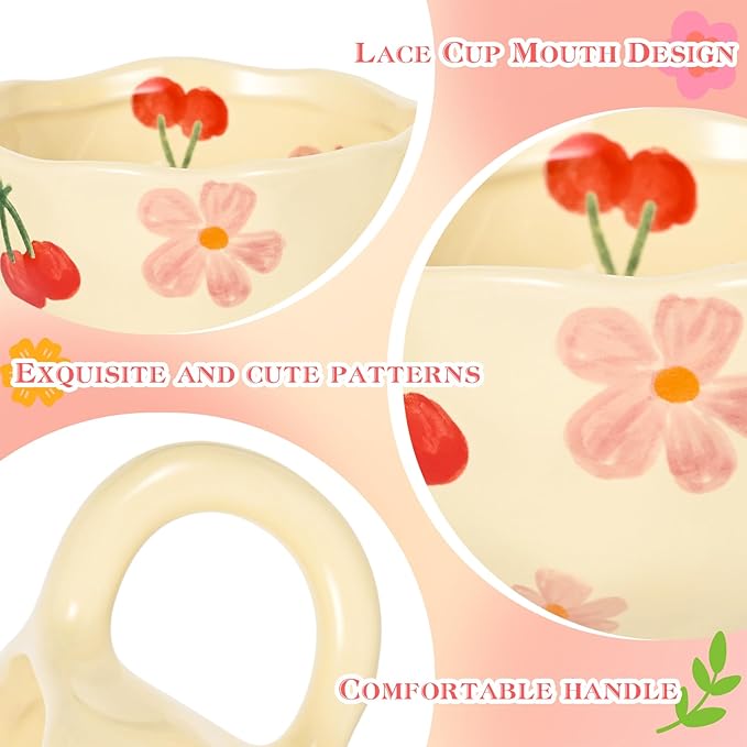 MAKCNMYM Ceramic Coffee Mug Set of 2 Vintage Flower Mugs 8 oz Cute Floral Coffee Mugs Irregular Latte Art Cup Lead-free Porcelain Cups for Cappuccino, Cocoa (Pink Cherry and Blue Flower)