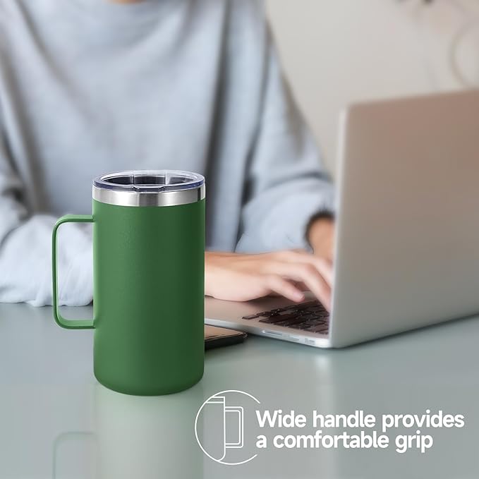 Volhoply 24oz Insulated Coffee Mug with Lid and Straw, Stainless Steel Travel Mugs with Handle, Double Wall Vacuum Leak Proof Coffee Tumbler Cup (Army Green,2)
