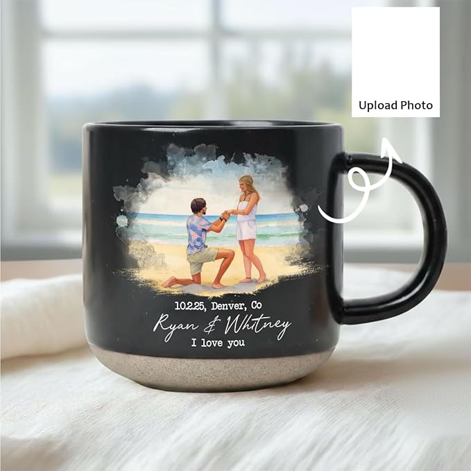 Personalized Engagement Photo Pottery Mug 12oz, Custom Proposal Couple Portrait Mug with Names & Date, Wedding and Anniversary for Couple