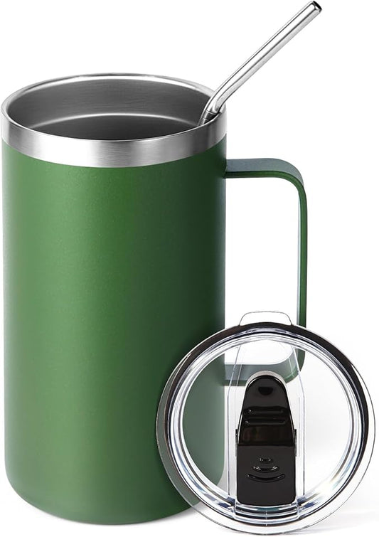 Volhoply 24oz Insulated Coffee Mug with Lid and Straw, Stainless Steel Travel Mugs with Handle, Double Wall Vacuum Leak Proof Coffee Tumbler Cup (Army Green,1)