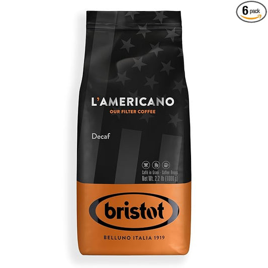 Bristot L‘americano DECAF Filter Coffee | Italian Coffee Beans | Medium Roast | 2.2lbs/1kg - 6 Bagss