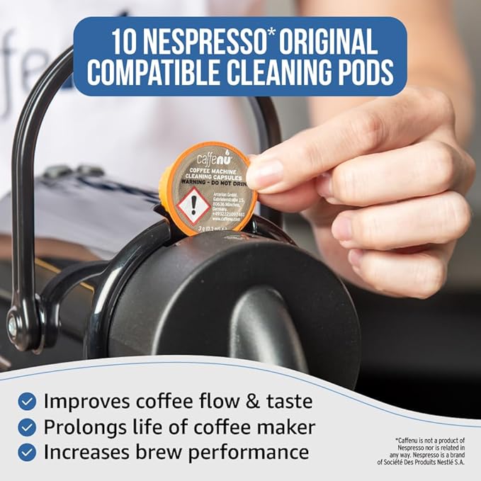 Caffenu Nespresso Compatible Cleaning Pods. 10 Cleaner Capsules. Improved Coffee Flavor. For Nespresso Originaline, Use with Descaling Kit.