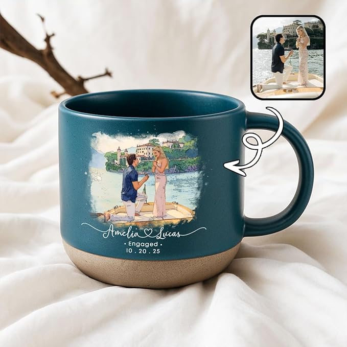 Personalized Couple Photo Pottery Mug 12oz, Custom Engagement, Wedding & Anniversary Coffee Mug, Handmade Ceramic Mug with Names, Date, Romantic Gift for Couple