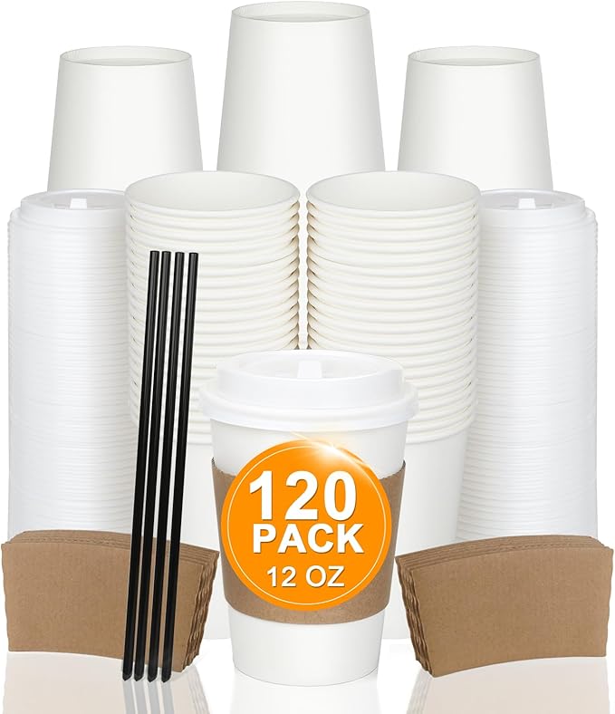120 Pack 12 oz Paper Coffee Cups Set, Disposable White Coffee Cups with Lids, Sleeves and Stirring Sticks, Fit For Cold and Hot Drinks
