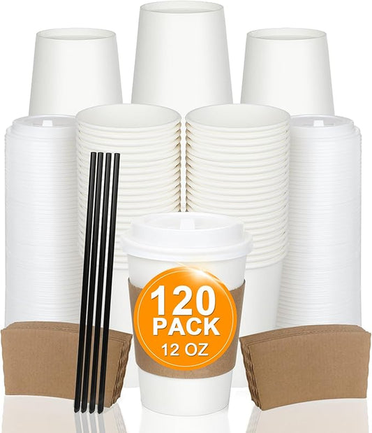 120 Pack 12 oz Paper Coffee Cups Set, Disposable White Coffee Cups with Lids, Sleeves and Stirring Sticks, Fit For Cold and Hot Drinks