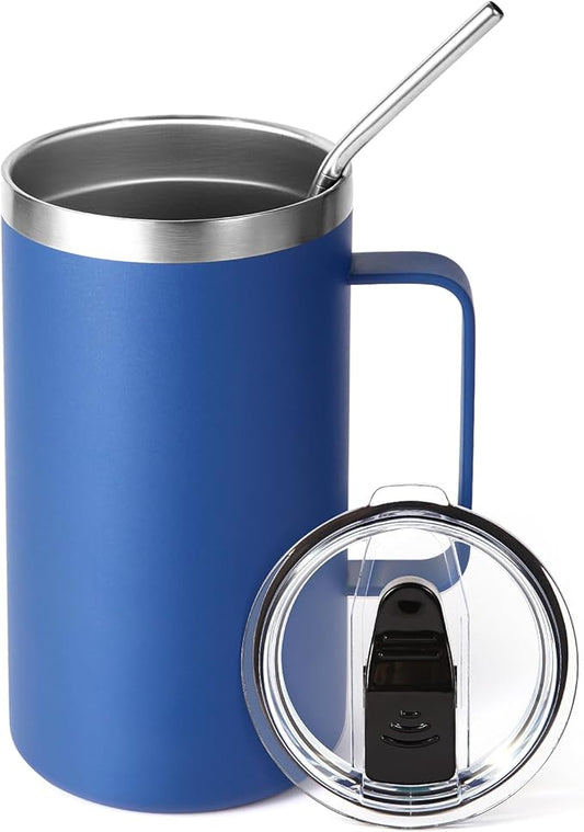 Volhoply 24oz Insulated Coffee Mug with Lid and Straw, Stainless Steel Travel Mugs with Handle, Double Wall Vacuum Leak Proof Coffee Tumbler Cup (Blue,1)
