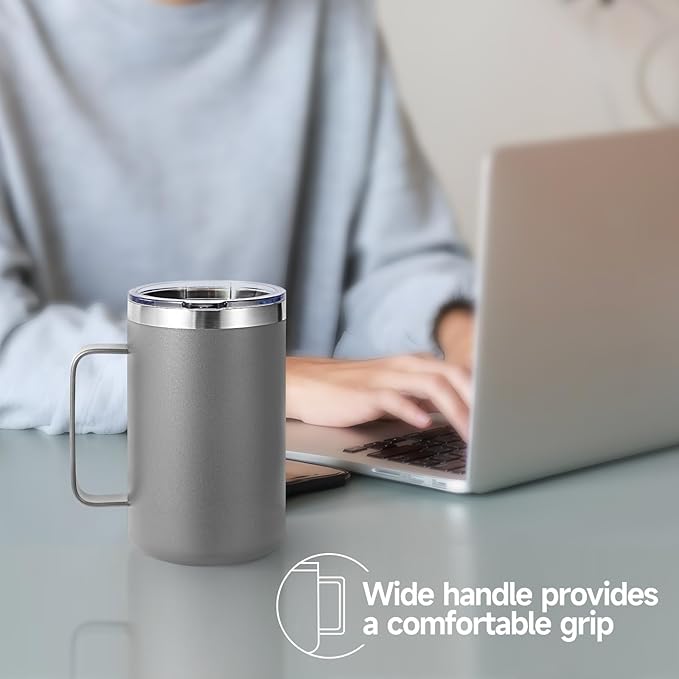 Volhoply 16oz Insulated Coffee Mug with Lid and Straw, Stainless Steel Travel Mugs with Handle, Double Wall Vacuum Leak Proof Coffee Tumbler Cup (Gray,1)
