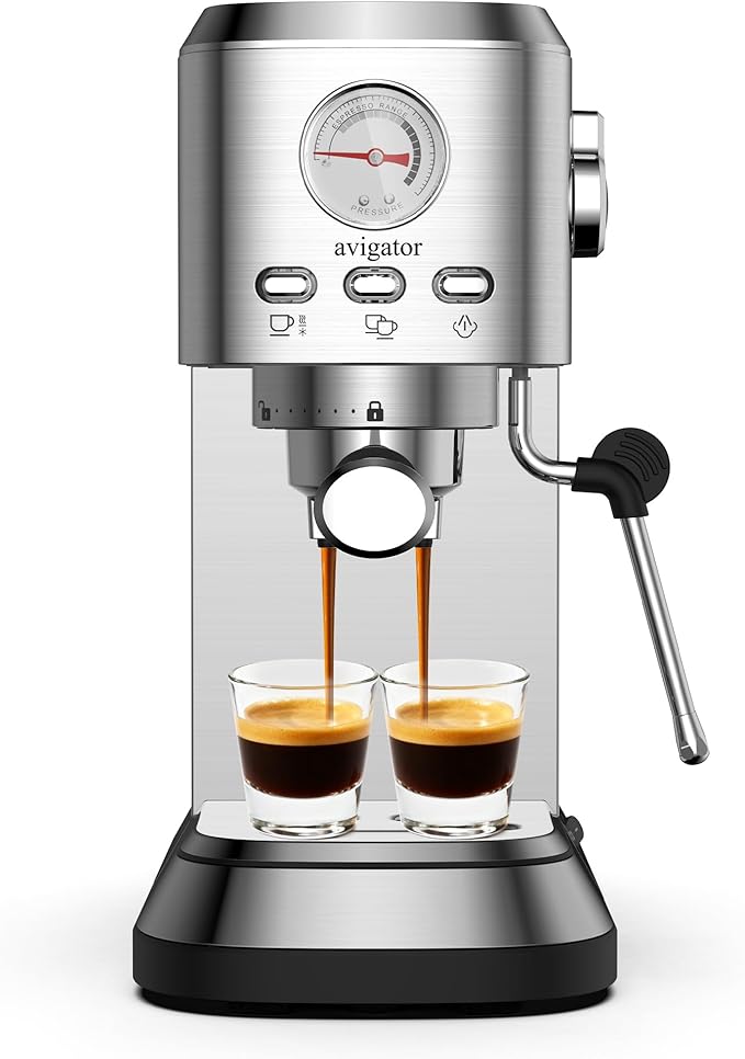 Espresso Coffee Machine, 20 Bar Espresso Maker with Milk Frother, Hot Espresso & Cold Brew, 50 oz Water Tank, Visible Pressure Gauge, Compact Design for Counter