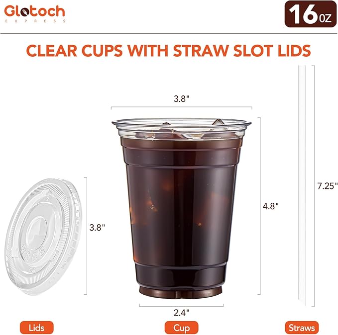 [800 Sets - 16oz] Plastic Cups with Lids and Straws, Disposable Clear Crystal Plastic Coffee Cups with Lids, BPA Free To Go Cold Cup for Cold Drinks Milkshake (Available in Large-volume Packaging)