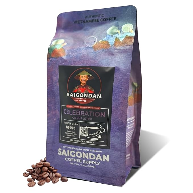 Vietnamese Coffee Beans – Saigondan Celebration Italian Style Espresso Roast Whole Bean – 50% Arabica 50% Robusta – Premium Single Origin, Direct Trade Vietnamese Coffee – 12 oz