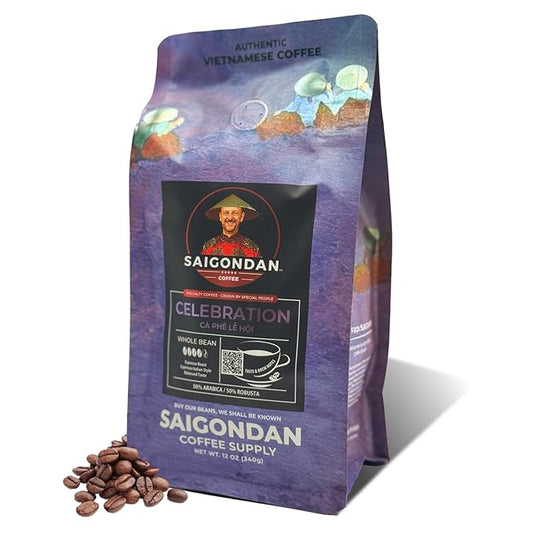 Vietnamese Coffee Beans – Saigondan Celebration Italian Style Espresso Roast Whole Bean – 50% Arabica 50% Robusta – Premium Single Origin, Direct Trade Vietnamese Coffee – 12 oz
