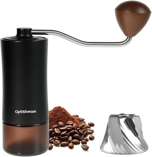 Portable Manual Coffee Grinder – Effortless 7 CNC420 High-Carbon Steel Burrs, Uniform 20 μm Grind, Full Aluminum Body & Tinted Glass Jar, 25 g capacity for travel (Black)