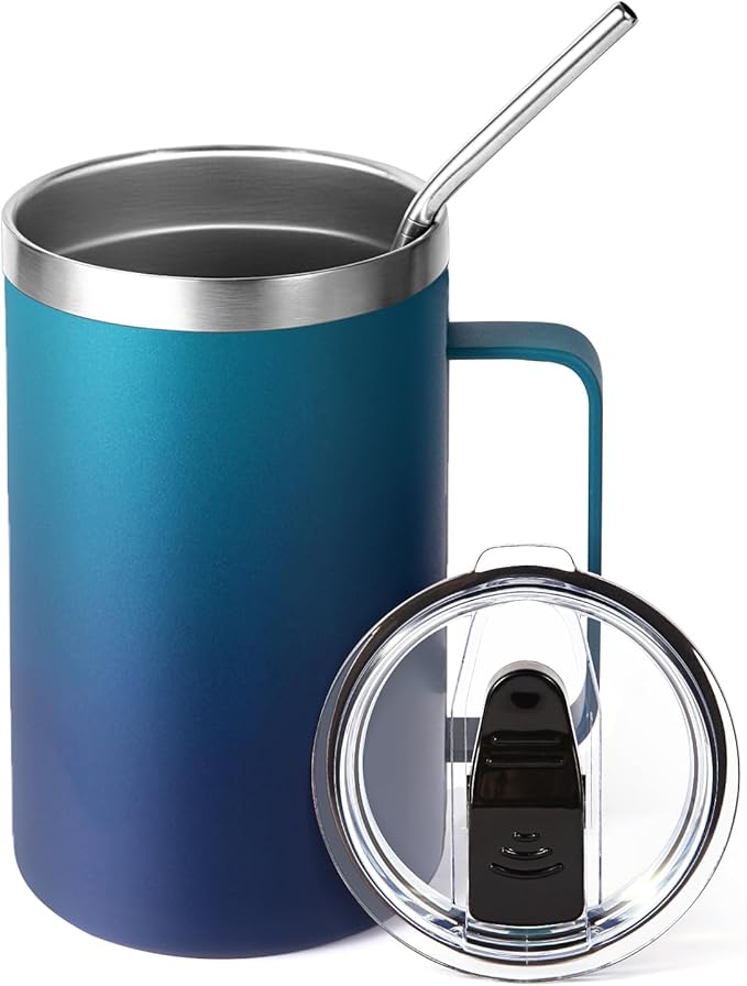 Volhoply 16oz Insulated Coffee Mug with Lid and Straw, Stainless Steel Travel Mugs with Handle, Double Wall Vacuum Leak Proof Coffee Tumbler Cup (Dark Night,1)