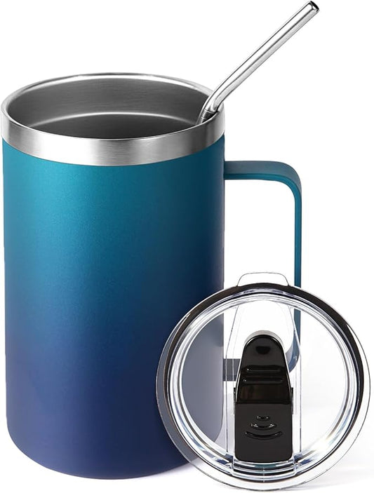 Volhoply 16oz Insulated Coffee Mug with Lid and Straw, Stainless Steel Travel Mugs with Handle, Double Wall Vacuum Leak Proof Coffee Tumbler Cup (Dark Night,1)