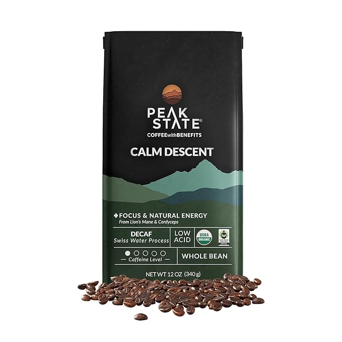 Organic Decaf Coffee Beans – Calm Descent Swiss Water Process Decaf with Lion’s Mane & Cordyceps – Mushroom Coffee Decaf, Organic, Mold-Free, Pesticide-Free, Non-GMO, Low-Acid (12 oz Whole Bean – $1.13/cup)
