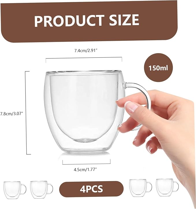 Espresso Cups, 4 Pcs Double Walled Glass Coffee Mugs 5.07 Oz Coffee Mug Clear Glass Espresso Cups Heat-Resistant with Secure Grip Perfect for Tea Milk and Juice, Mug
