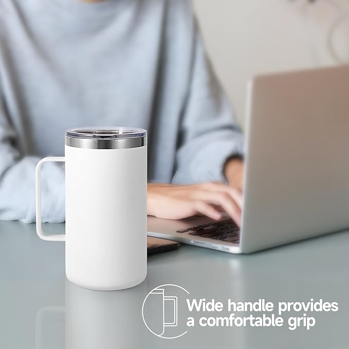 Volhoply 24oz Insulated Coffee Mug with Lid and Straw, Stainless Steel Travel Mugs with Handle, Double Wall Vacuum Leak Proof Coffee Tumbler Cup (White,2)