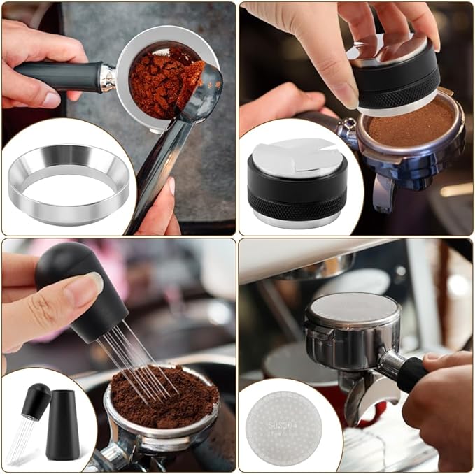 51mm Espresso Accessories Kit, 2-in-1 Coffee Distributor & Tamper Leveler with Magnetic Dosing Funnel and WDT Tool for 51mm Portafilter, 5-Piece Barista Tool Set