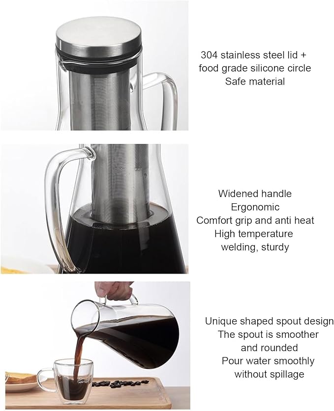 Yosoo Health Gear Cold Brew Iced Coffee Maker Airtight Coffee Pitcher with Scale, 1.6L Iced Tea Maker with Spout, Stainless Steel Filter Temperature Proof Ergonomic Handle Iced Coffee Maker