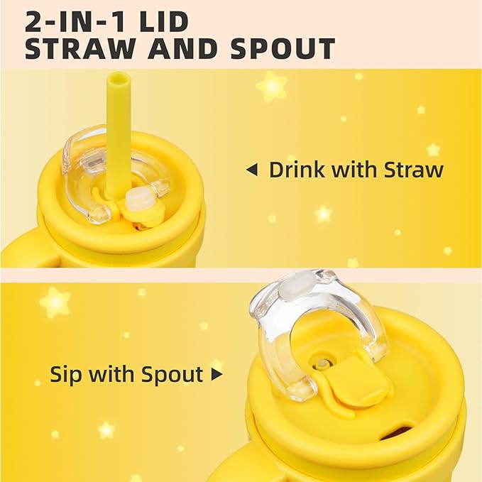14 oz Tumbler with Side Handle, Insulated Water Bottle with Straw and 2 in 1 Lid, Stainless Steel Cup Travel Coffee Mug for Sports Office Gym,Yellow