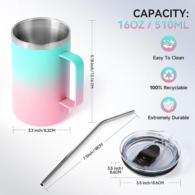 Volhoply 16oz Insulated Coffee Mug with Lid and Straw, Stainless Steel Travel Mugs with Handle, Double Wall Vacuum Leak Proof Coffee Tumbler Cup (Green Pink,1)