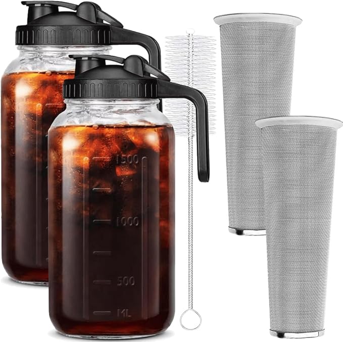 HomeCheer 2 Set 64 oz (2 Quart), Black Cold Brew Coffee Maker, Iced Tea Machines, Thick Glass with Pour Spout Handle Lid, Stainless Steel Filter for Iced Coffee, Fruit Drinks or Sun Tea (2)