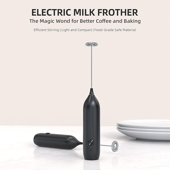 CIRCLE JOY Milk Frother Handheld Rechargeable Milk Foamer Electric Mini Drink Mixer with Stainless Steel Whisk for Coffee, Cappuccino, Lattes, Frappe, Matcha and Hot Chocolate, Black