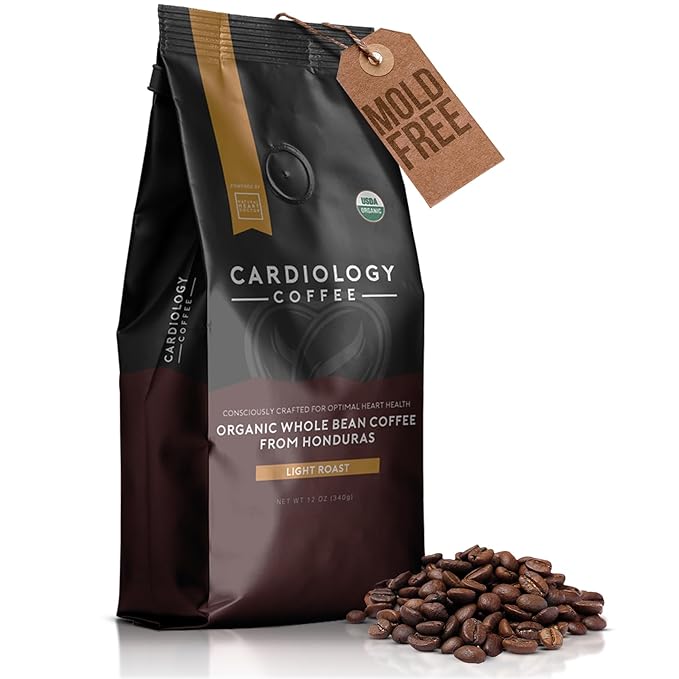 Cardiology Coffee – Whole Bean Coffee – USDA Certified Organic, Mold Free 12oz Premium Light Roast Organic Coffee Beans with Antioxidant Benefits – Perfect for Heart Healthy Lifestyle