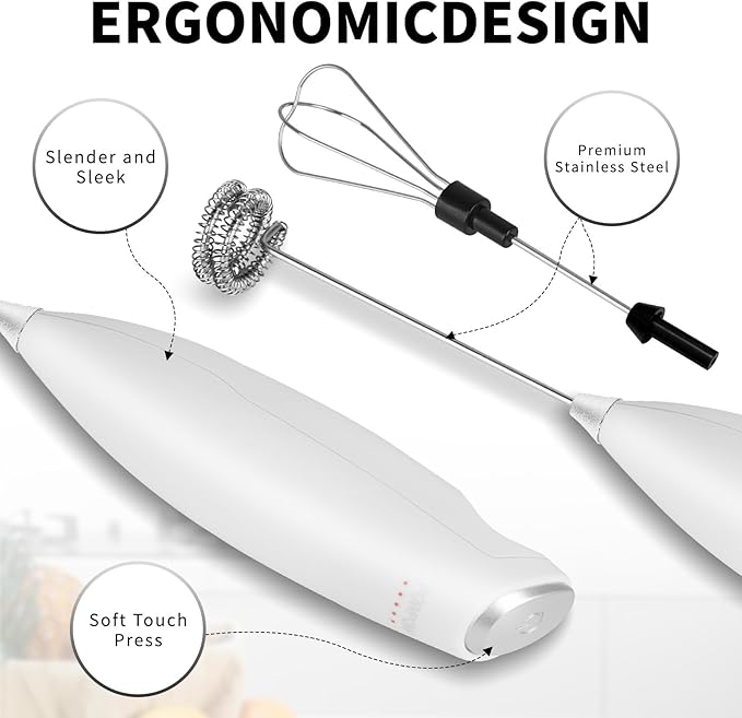 Powerful Milk Frother for Coffee with Upgraded Titanium Motor - Handheld Frother Electric Whisk-White