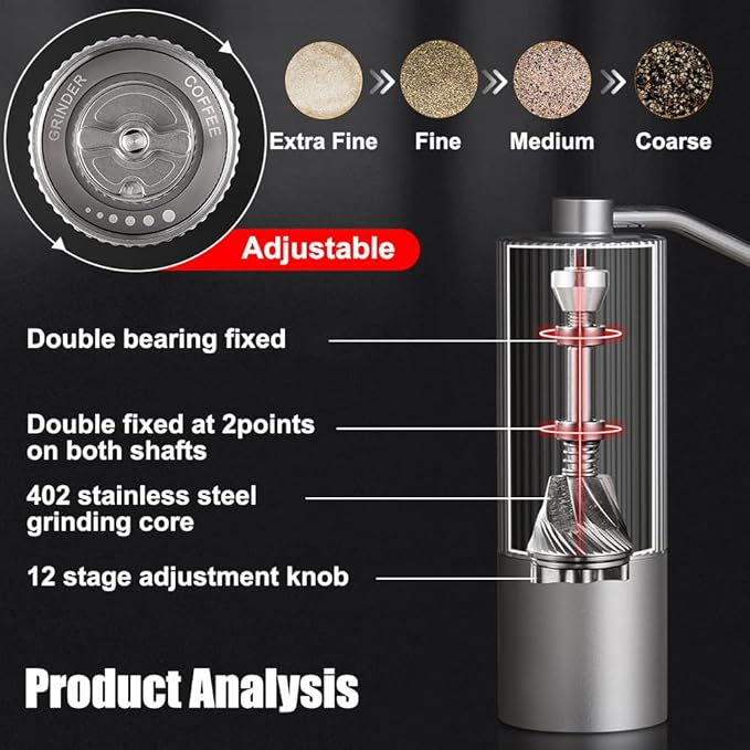 Manual Coffee Grinder, Adjustable Hand Espresso Mill with Solid Wood Handle Stainless Steel Conical Burr Machine for French Press Moka Pot