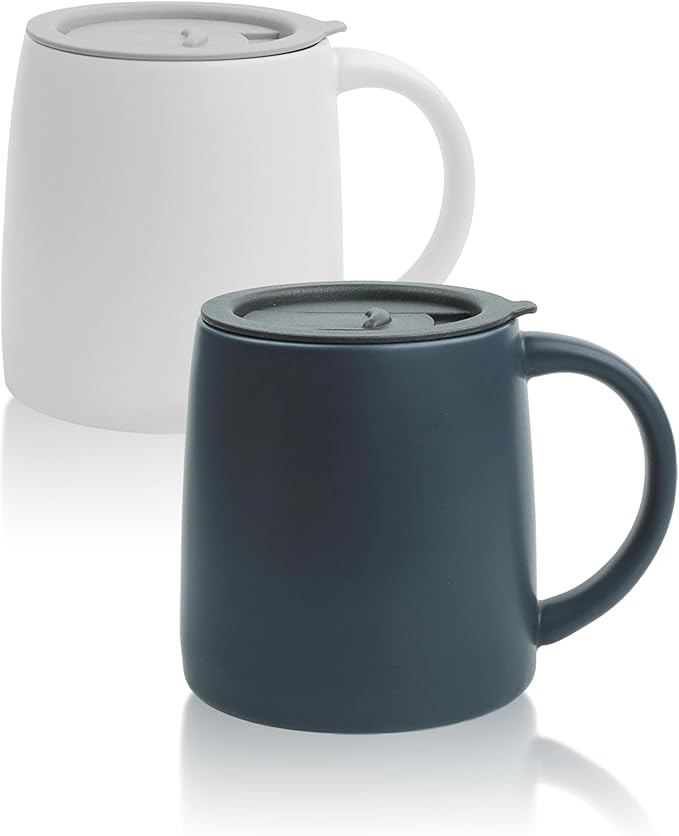 LINVIA Classic Mug, 14 oz Large Coffee Mug with Handle, Ceramic Porcelain Tea Cup, Smooth Matte (Sliding Lid, Set of 2, White and Navy Blue)