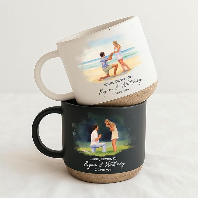 Personalized Engagement Photo Pottery Mug 12oz, Custom Proposal Couple Portrait Mug with Names & Date, Wedding and Anniversary for Couple