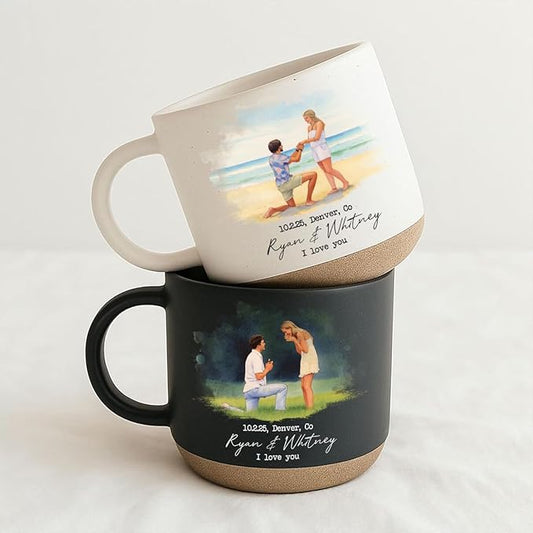 Personalized Engagement Photo Pottery Mug 12oz, Custom Proposal Couple Portrait Mug with Names & Date, Wedding and Anniversary for Couple