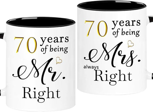 WOSIWULA 70 Year Anniversary Birthday Coffee Mugs Set of 2, 70th Wedding Anniversary Decorations Gifts for Couple Grandparents Parents Women Men Wife Husband Her Him, 70th Birthday Gifts, 11oz