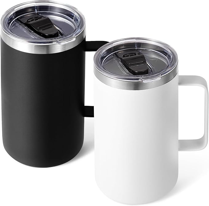 Volhoply 24oz Insulated Coffee Mug with Lid and Straw, Stainless Steel Travel Mugs with Handle, Double Wall Vacuum Leak Proof Coffee Tumbler Cup (Assorted,2)