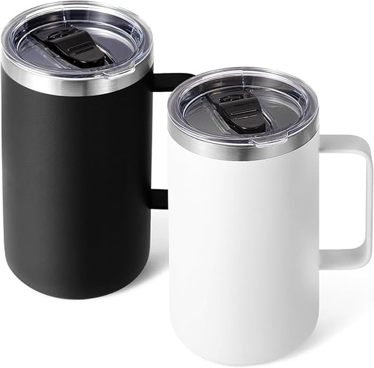 Volhoply 24oz Insulated Coffee Mug with Lid and Straw, Stainless Steel Travel Mugs with Handle, Double Wall Vacuum Leak Proof Coffee Tumbler Cup (Assorted,2)