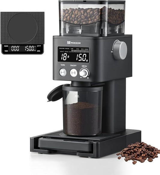 MOKKOM Coffee Grinder with Removable Coffee Scale, Anti-static Conical Burr Coffee Bean Grinder, 31 Precise Settings for Espresso/Drip/Pour Over/Cold Brew/French Press