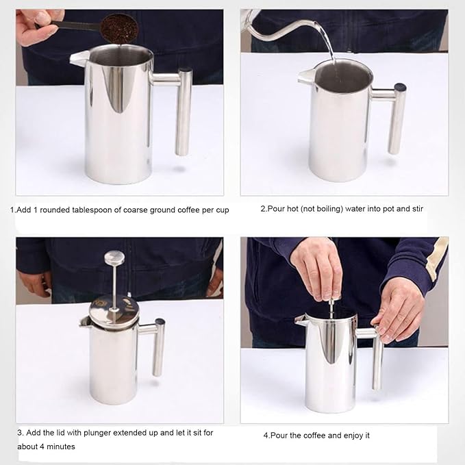 Coffito French Press Coffee Maker,Stainless Steel Double Wall Insulated Coffee Press 34 oz,4-8 Cups, Portable Hot Cold Brew Teapot Cafetera for Coffee Bar Accessories Kitchen Camping (silver,34oz)