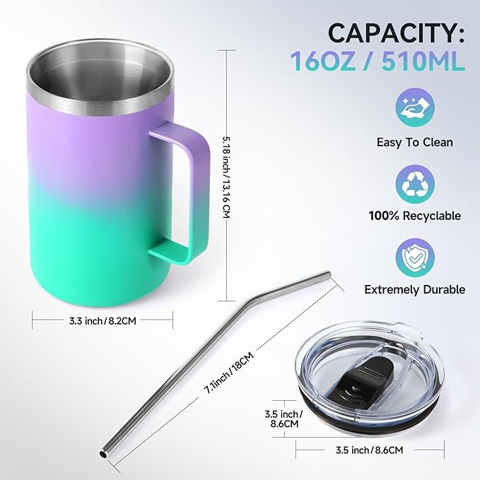 Volhoply 16oz Insulated Coffee Mug with Lid and Straw, Stainless Steel Travel Mugs with Handle, Double Wall Vacuum Leak Proof Coffee Tumbler Cup (Mixed,2)