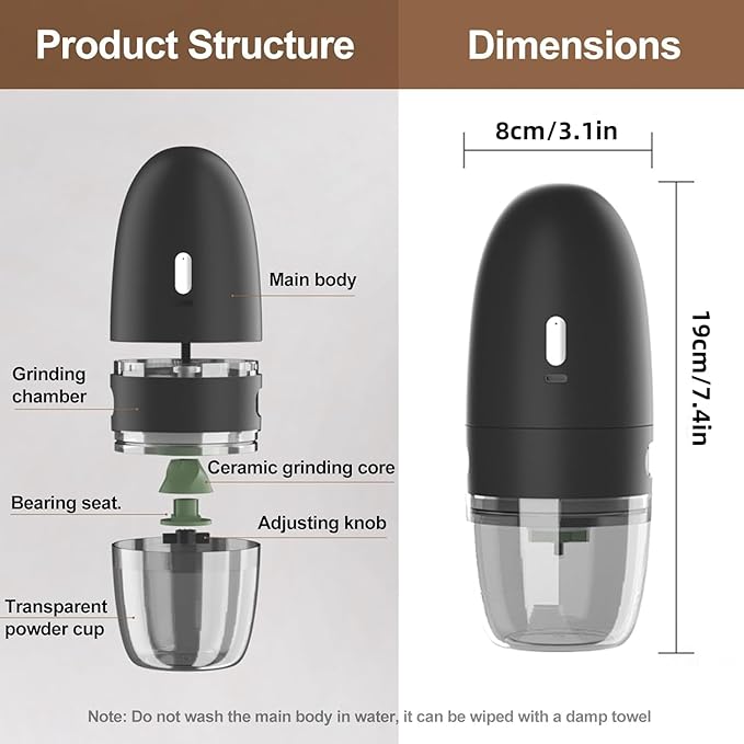 Portable Electric Coffee Grinder， Upgraded Adjustable Fine to Coarse Settings, Stainless Steel Conical Burr Rechargeable and Faster Grinding for Office,Home,Camping,Travel,Black