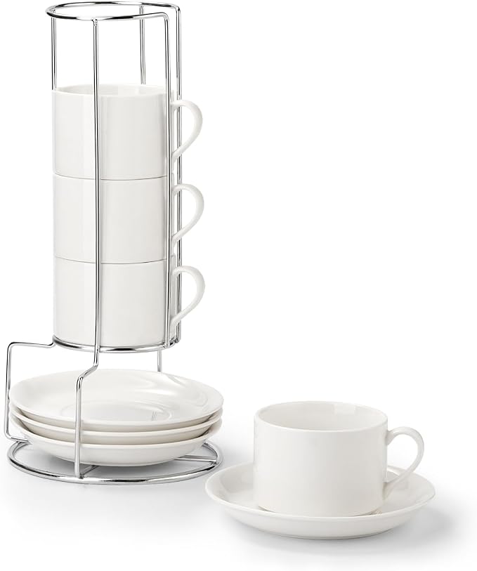 NWYSZ 8 Ounce Porcelain Cappuccino Cups with Saucers and Stainless Steel Stand, Stackable Espresso Cups Set of 4, White Ceramic Coffee Mugs for Home, Office, Cafe or Gift