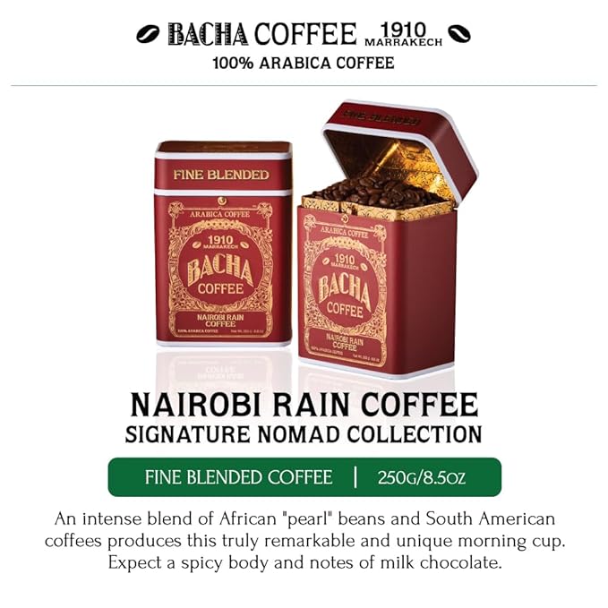 Bacha Coffee | Nairobi Rain Fine Blended, Whole Beans, Medium Dark Roast, 100% Arabica Specialty Coffee, 250g Signature Nomad Collection, Gift Box