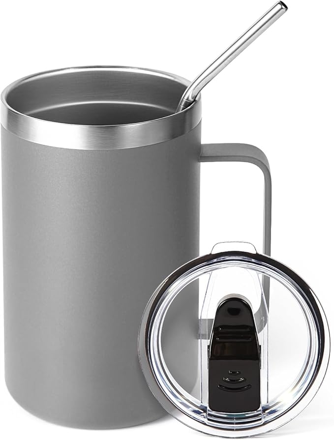 Volhoply 16oz Insulated Coffee Mug with Lid and Straw, Stainless Steel Travel Mugs with Handle, Double Wall Vacuum Leak Proof Coffee Tumbler Cup (Gray,1)