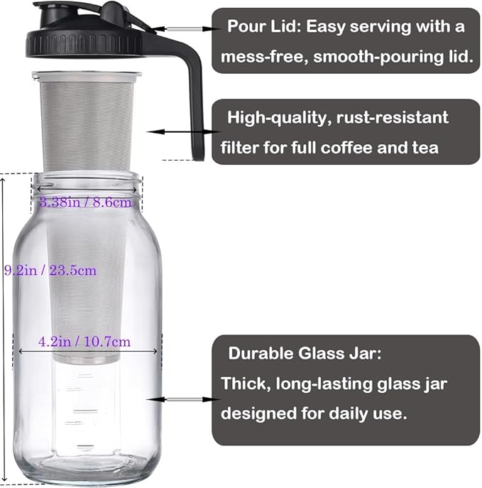 HomeCheer 64 oz (2 Quart), Black Cold Brew Coffee Maker, Iced Tea Machines, Thick Glass with Pour Spout Handle Lid, Stainless Steel Filter for Iced Coffee, Fruit Drinks or Sun Tea (1)