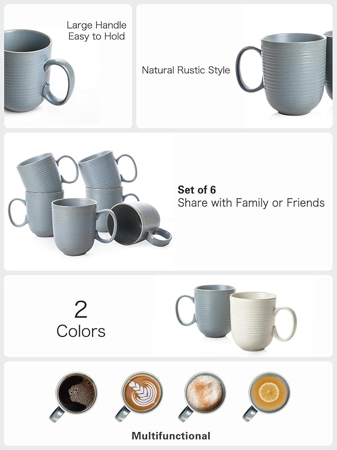 Kanwone Coffee Mugs 16 oz, Stoneware Mug Set, Ceramic Coffee Cups with Large Handles, Porcelain Mugs for Latte, Hot Tea, Cappuccino, Milk, Cocoa, Dishwasher Safe - Set of 6, Smoky Blue