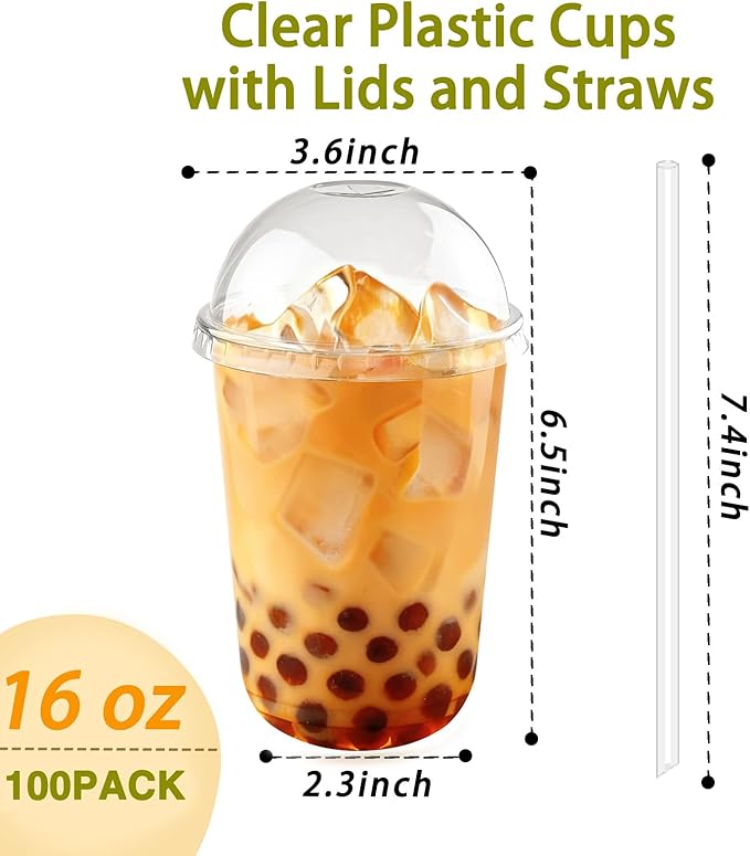 100 Set 16oz Disposable Clear Plastic Cup with Lids and Straws, Sturdy & Food Safe Iced Coffee Cups, Plastic Cold Drinks Cups for Smoothie, Milk Tea, Assorted Beverages Party Supplies