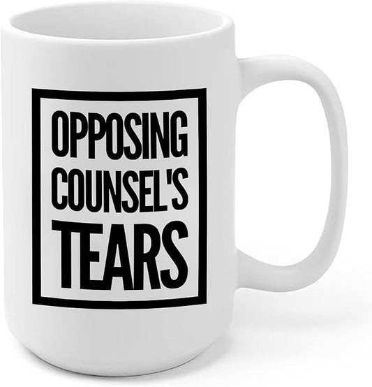 Panvola Opposing Counsel's Tears Lawyer Law Student Teacher Funny Gift to Attorney Ceramic Coffee Mug (15 oz, White)