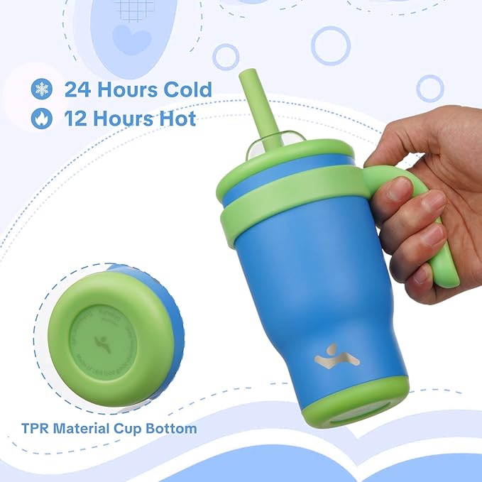 14 oz Tumbler with Side Handle, Insulated Water Bottle with Straw and 2 in 1 Lid, Stainless Steel Cup Travel Coffee Mug for Sports Office Gym,Sky Blue